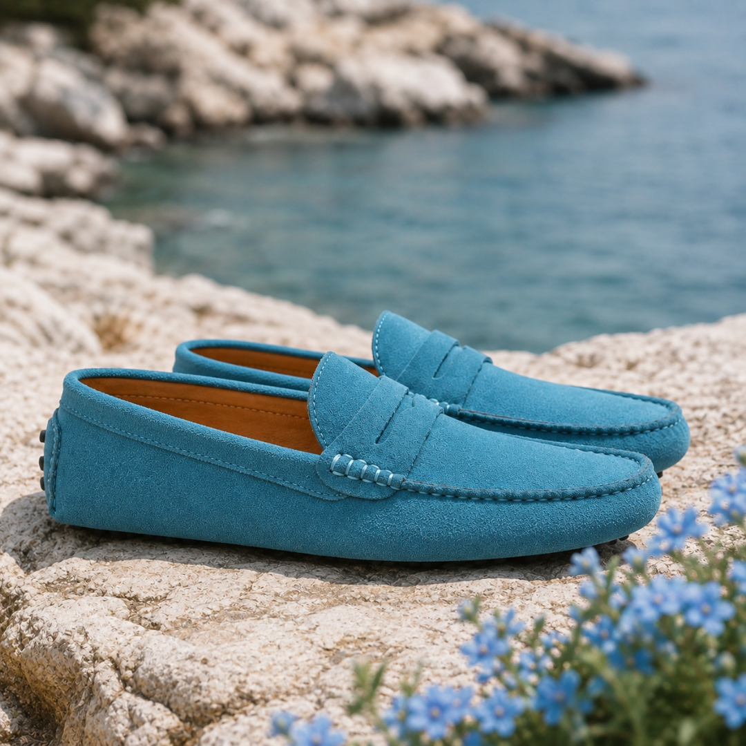 Mocassins homme bleu clair sur pierre claire, surpiqûres du pourtour bien visibles