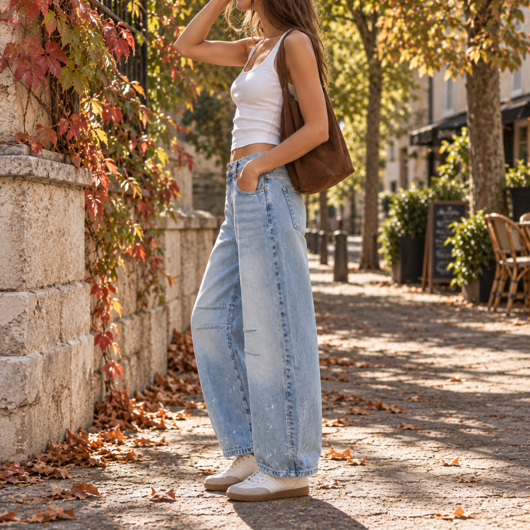 Pantalon femme bleu clair de profil, coupe barrel et délavé nuancé sur la jambe