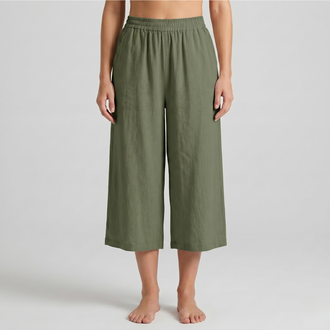 Pantalon culotte 3/4 vert pour femme coupe large vue de face