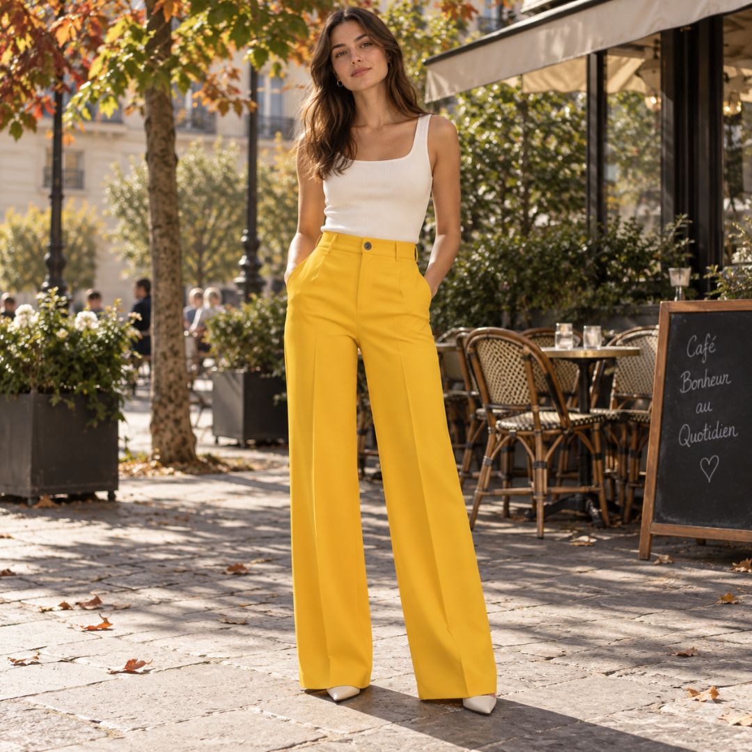 Pantalon large jaune à taille haute avec un pli marqué sur chaque jambe