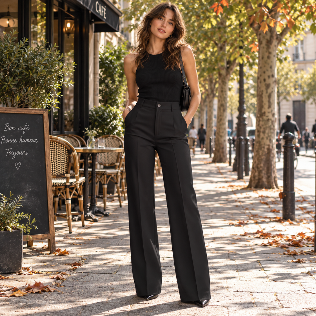 Pantalon large noir à taille haute porté avec un débardeur noir, terrasse parisienne