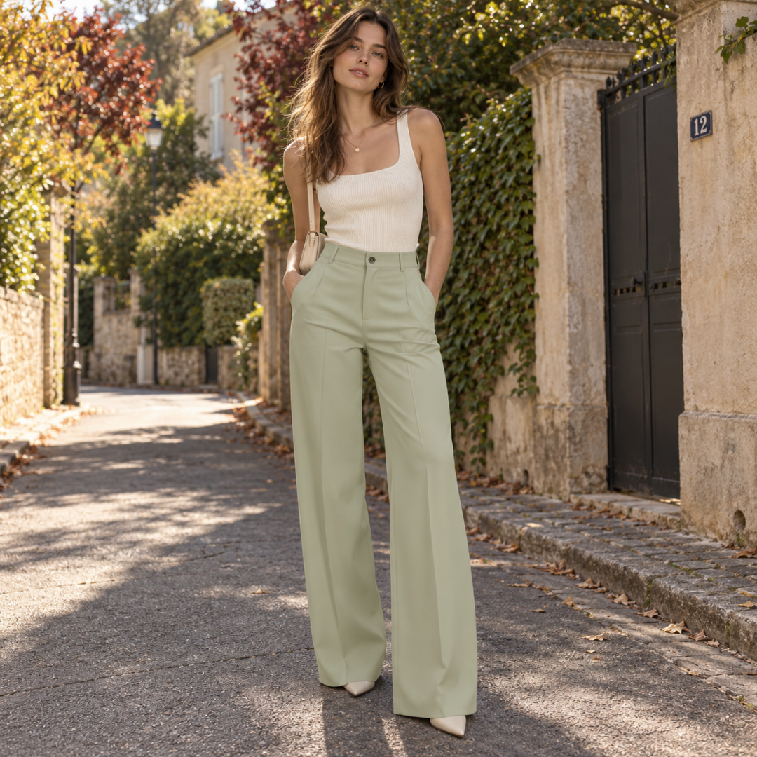 Pantalon large vert clair à taille haute, jambes droites tombant jusqu'au sol