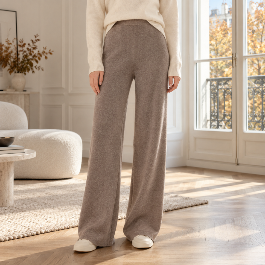 Pantalon femme camel en maille, coupe large et taille haute unie