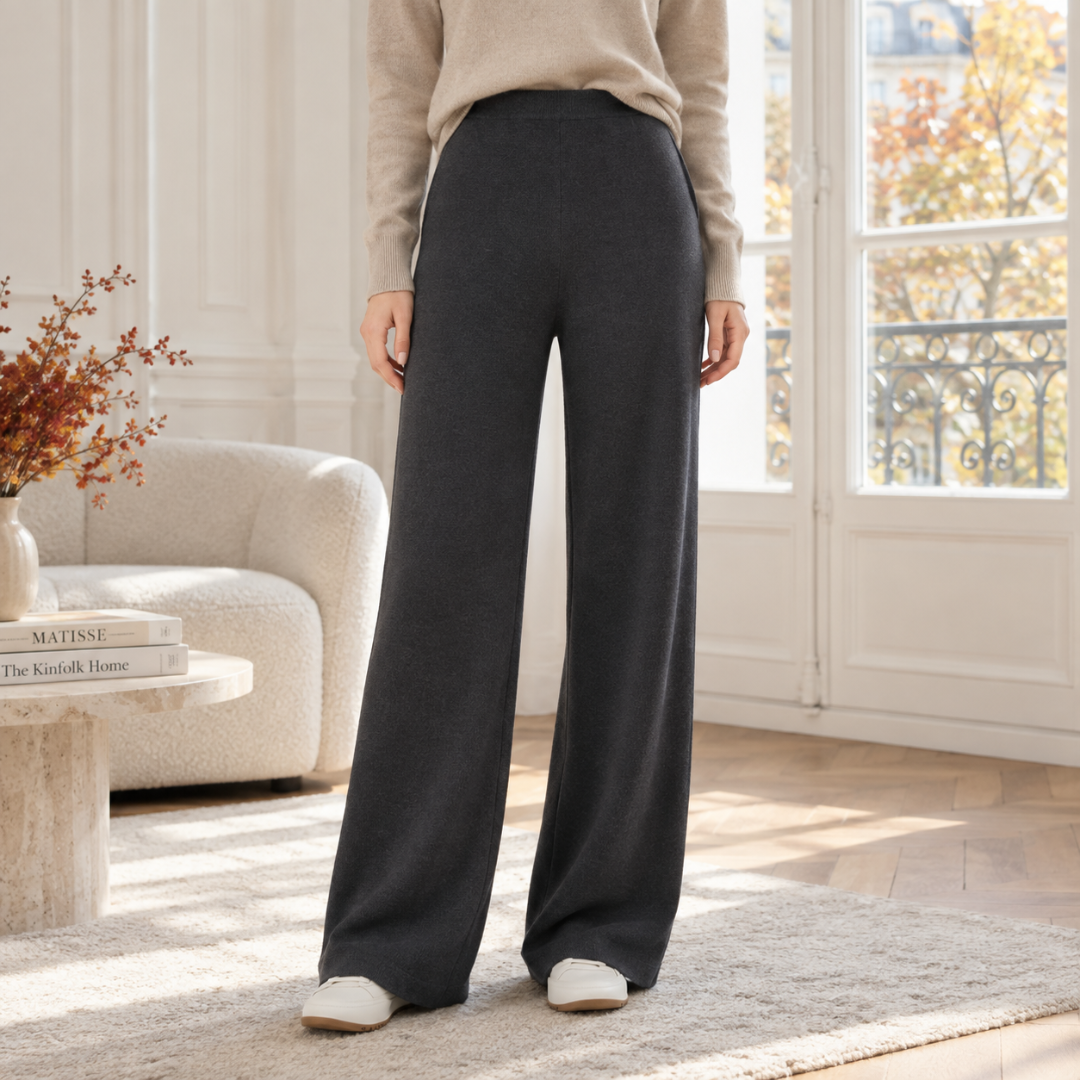 Pantalon femme gris foncé en maille, coupe large couvrant le dessus des chaussures