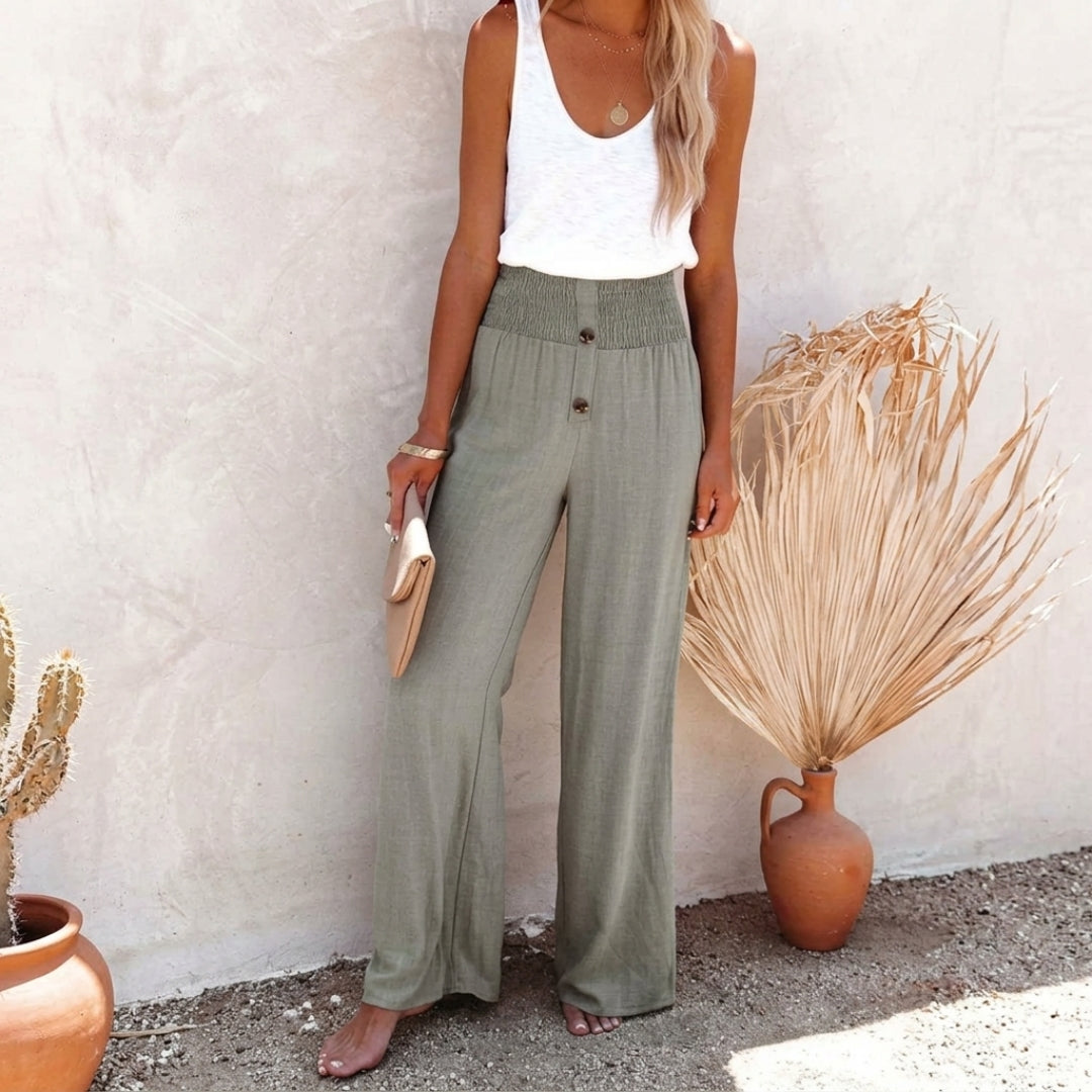 Pantalon palazzo femme vert, coupe ample et taille haute avec boutons