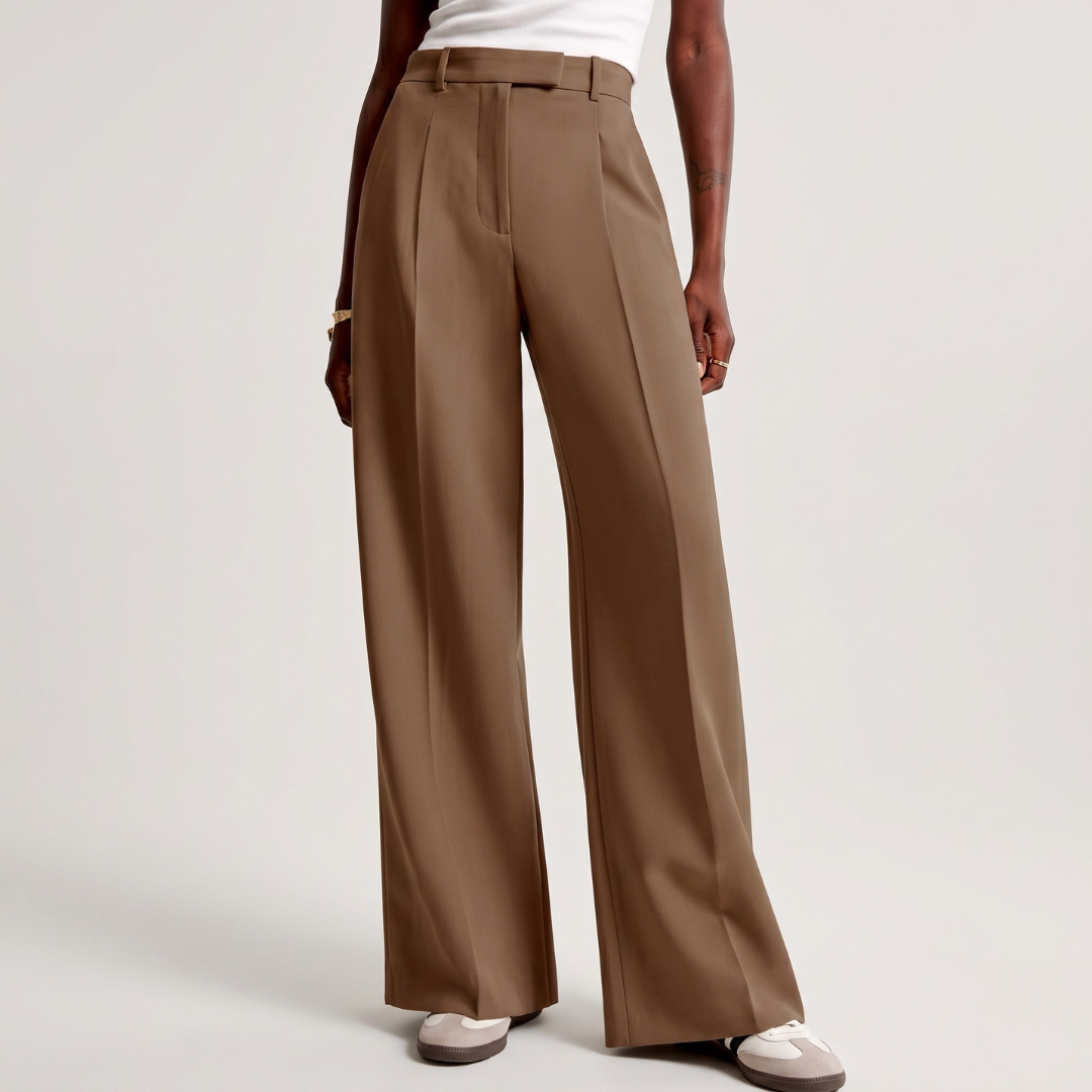 Pantalon large femme camel, tombé ample taille haute, vue de face