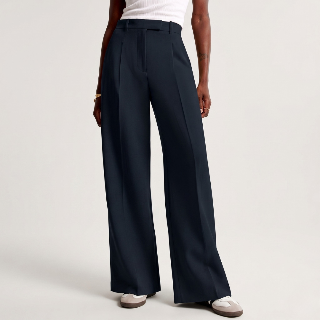 Pantalon large femme bleu marine, coupe wide leg taille haute