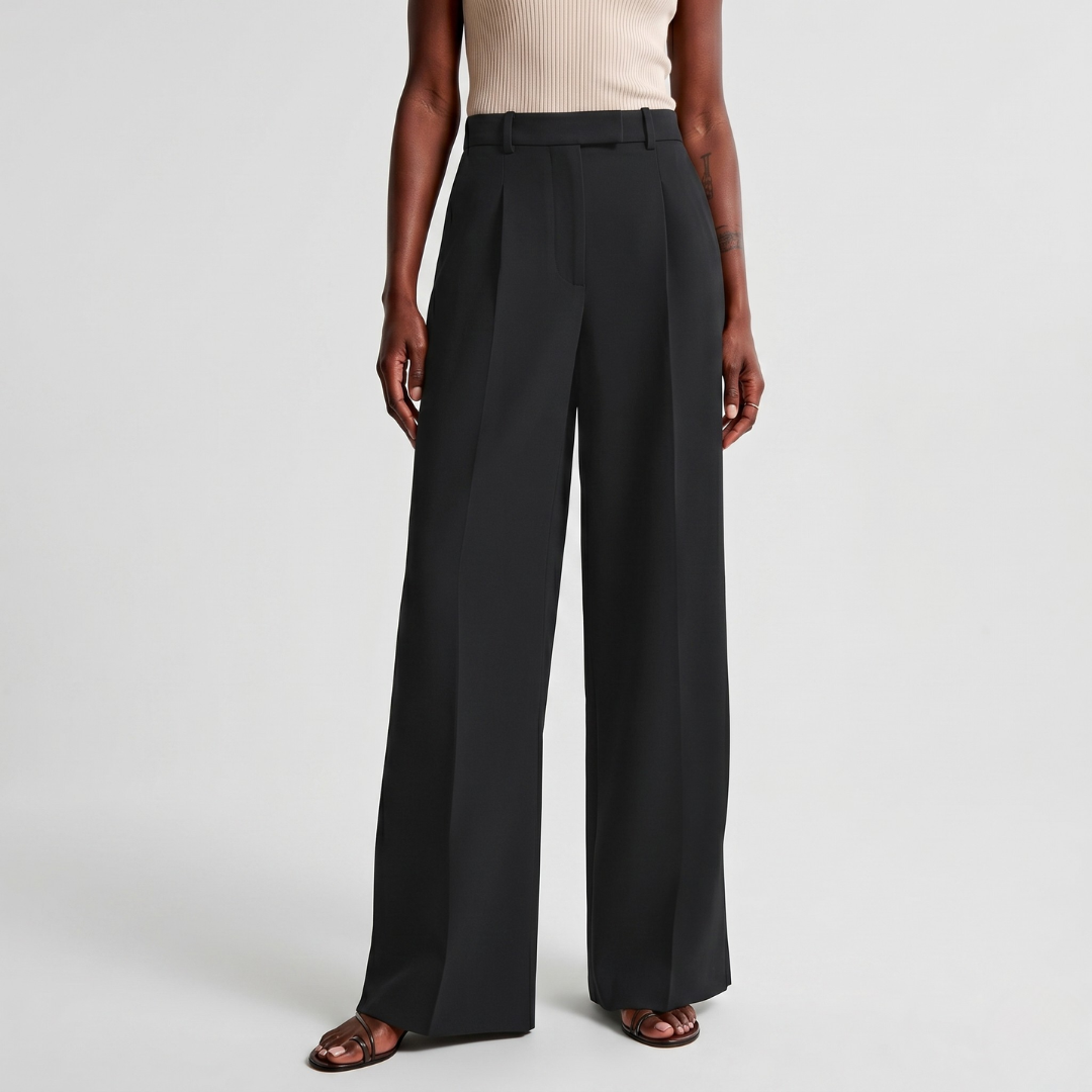 Pantalon large femme noir, coupe fluide taille haute, vue de face