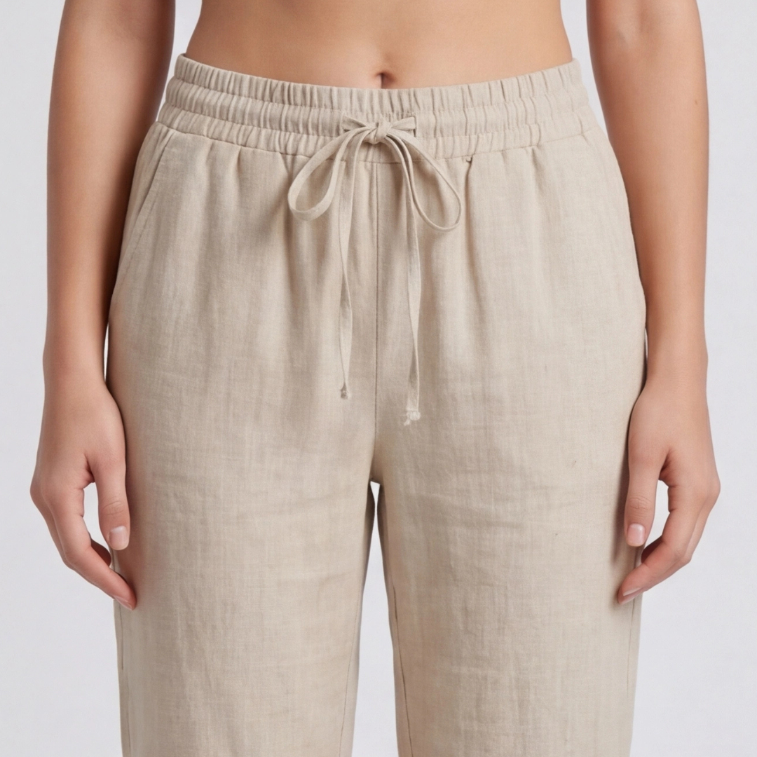 Pantalon lin beige coupe droite avec revers bas de jambe