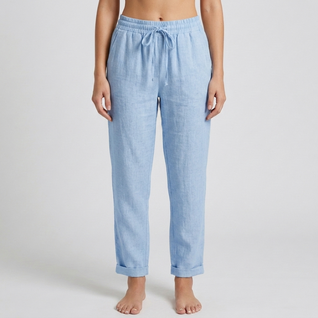 Pantalon femme en lin bleu clair vue de face entière