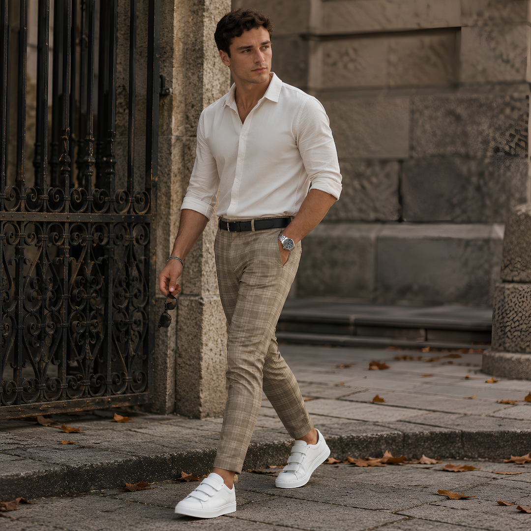 Homme en marche portant un pantalon à carreaux kaki et des baskets blanches