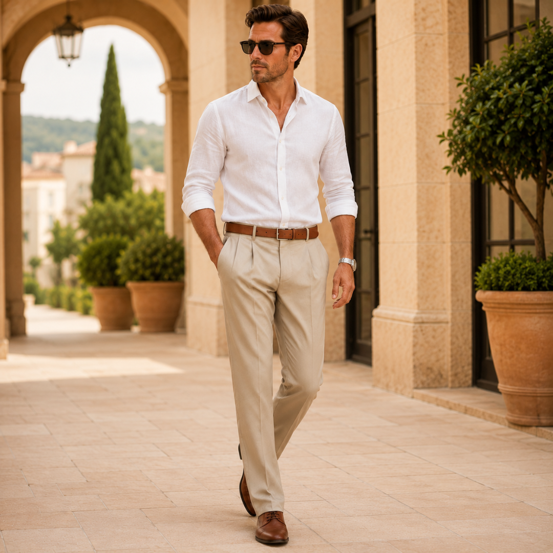 Pantalon homme à pinces beige porté avec chemise blanche et ceinture marron