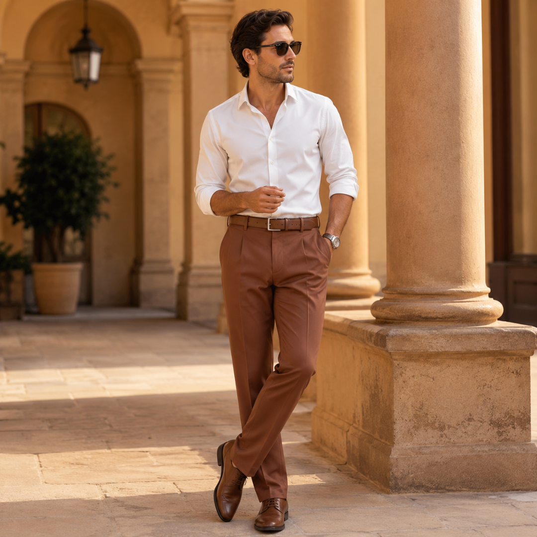 Pantalon homme marron caramel à pinces avec ceinture et chaussures marron