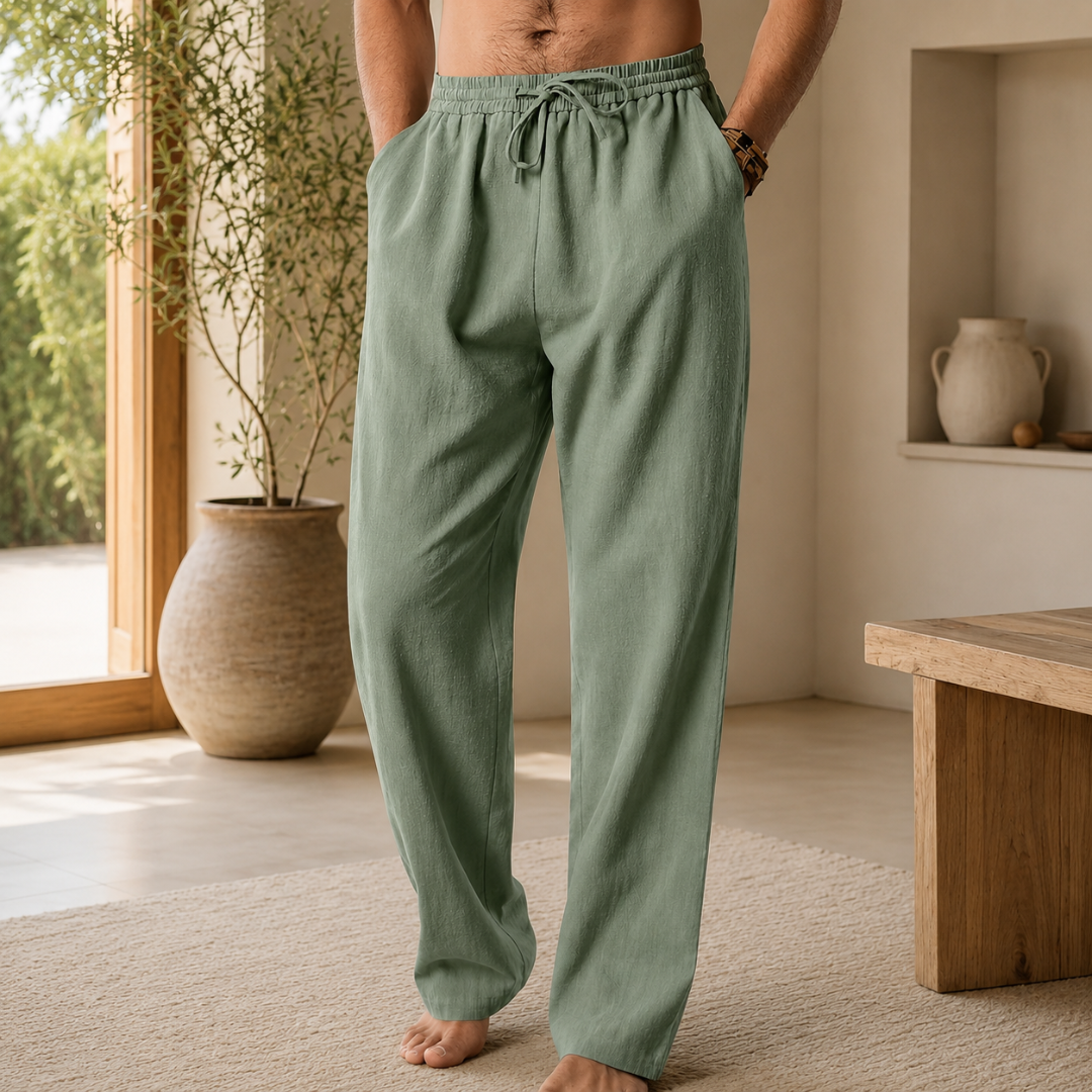 Pantalon homme Jules en coton vert sauge, vue de face, coupe droite décontractée