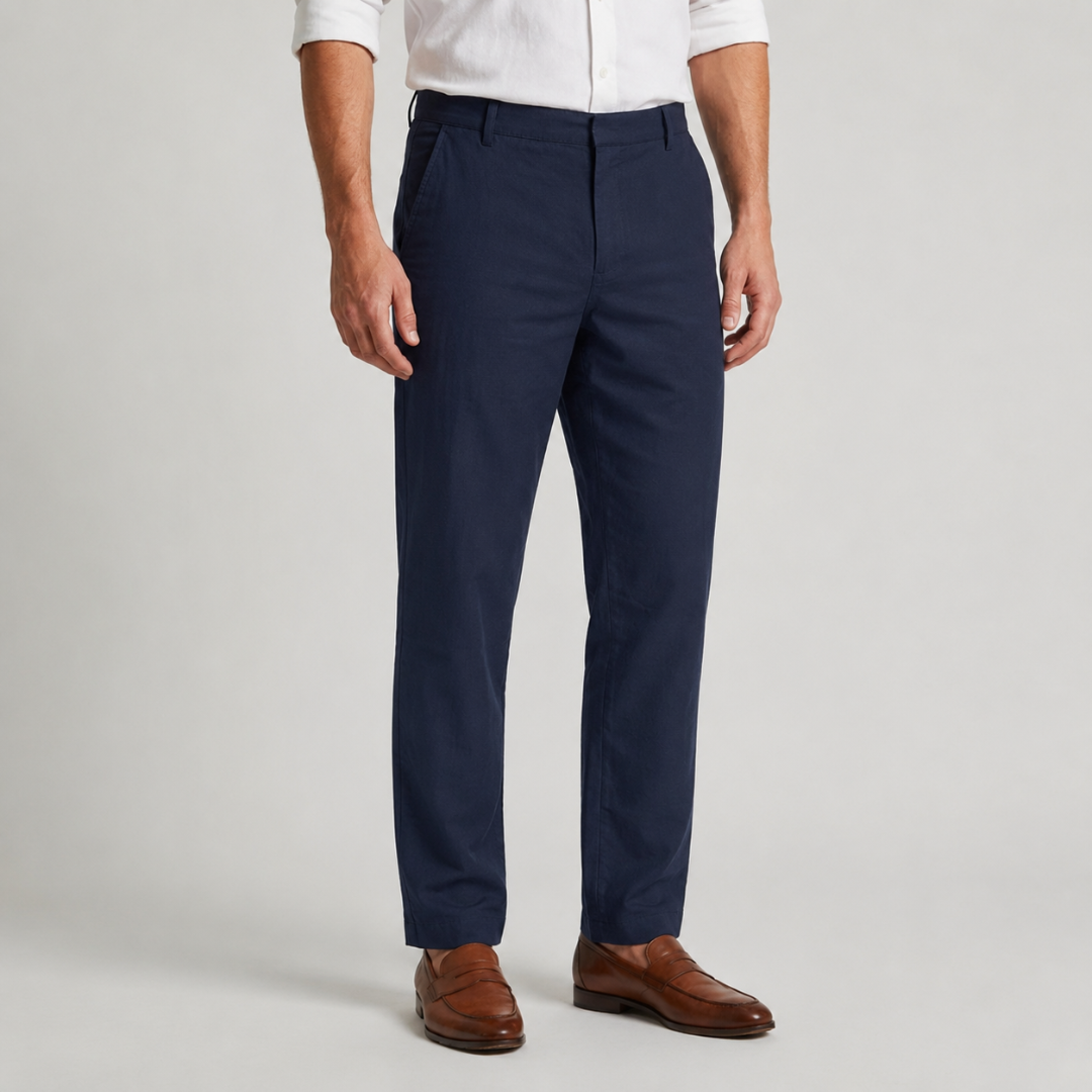 Pantalon homme bleu marine coupe droite porté avec chemise blanche et mocassins