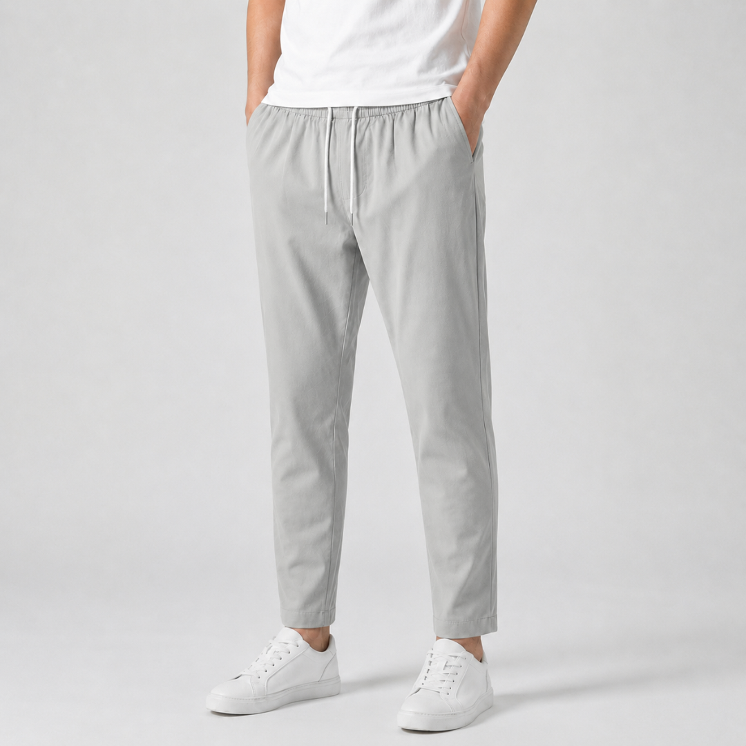 Pantalon homme coupe slim gris clair avec taille élastique et cordon de serrage blanc