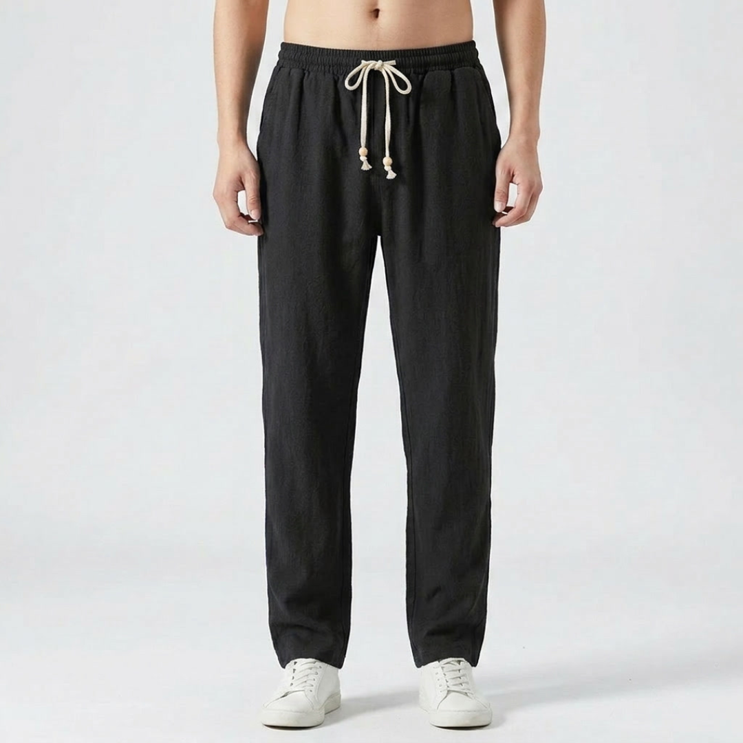 Pantalon homme lin noir coupe droite, taille élastique avec cordon sombre