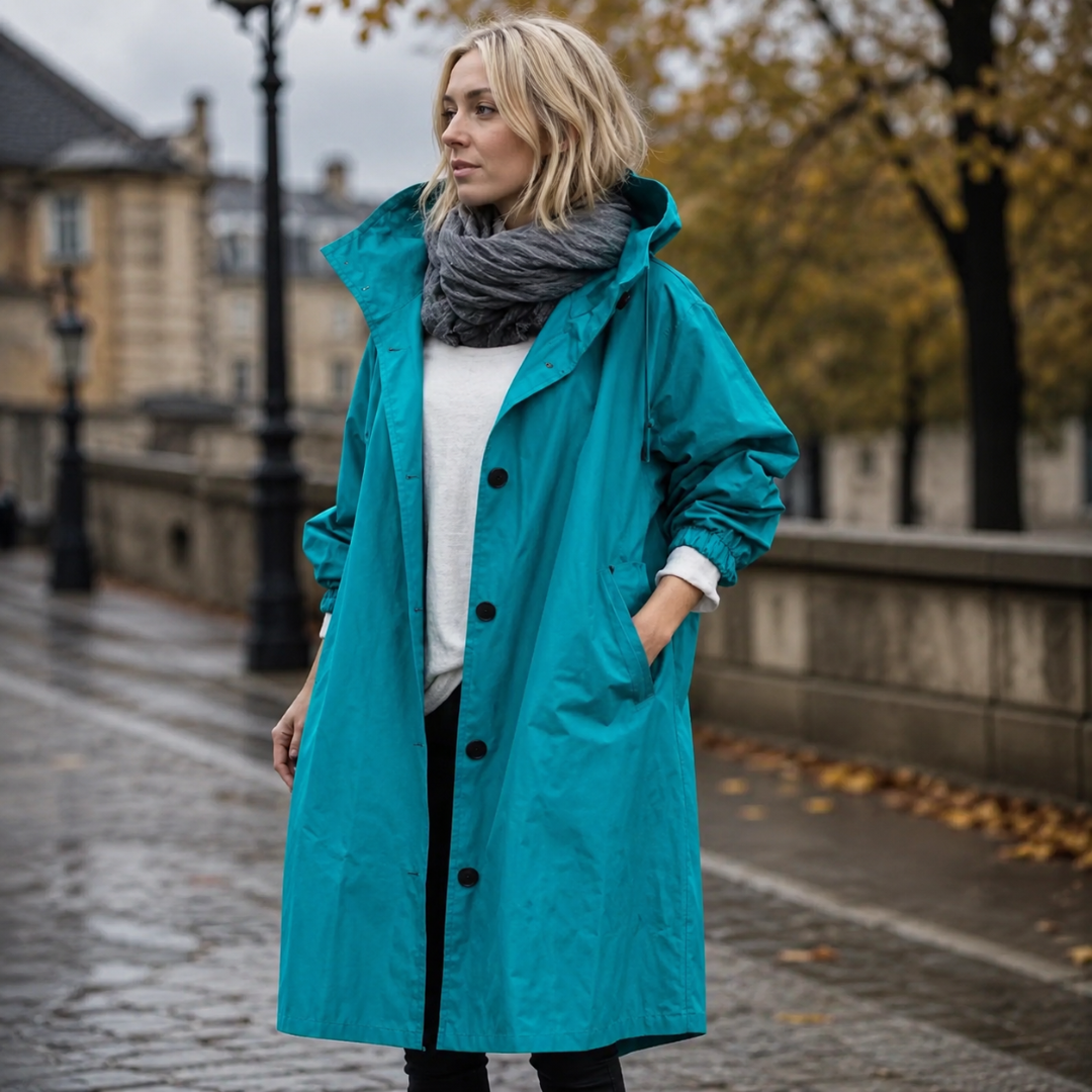Parka bleu canard à capuche et col montant, bas de manches froncés