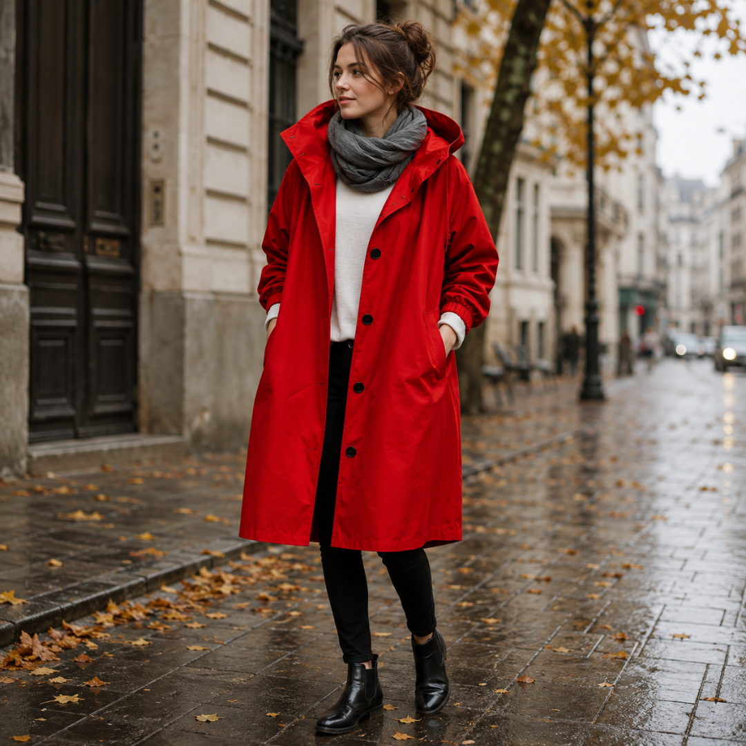 Parka rouge longue à capuche portée ouverte sur un pull clair, écharpe grise