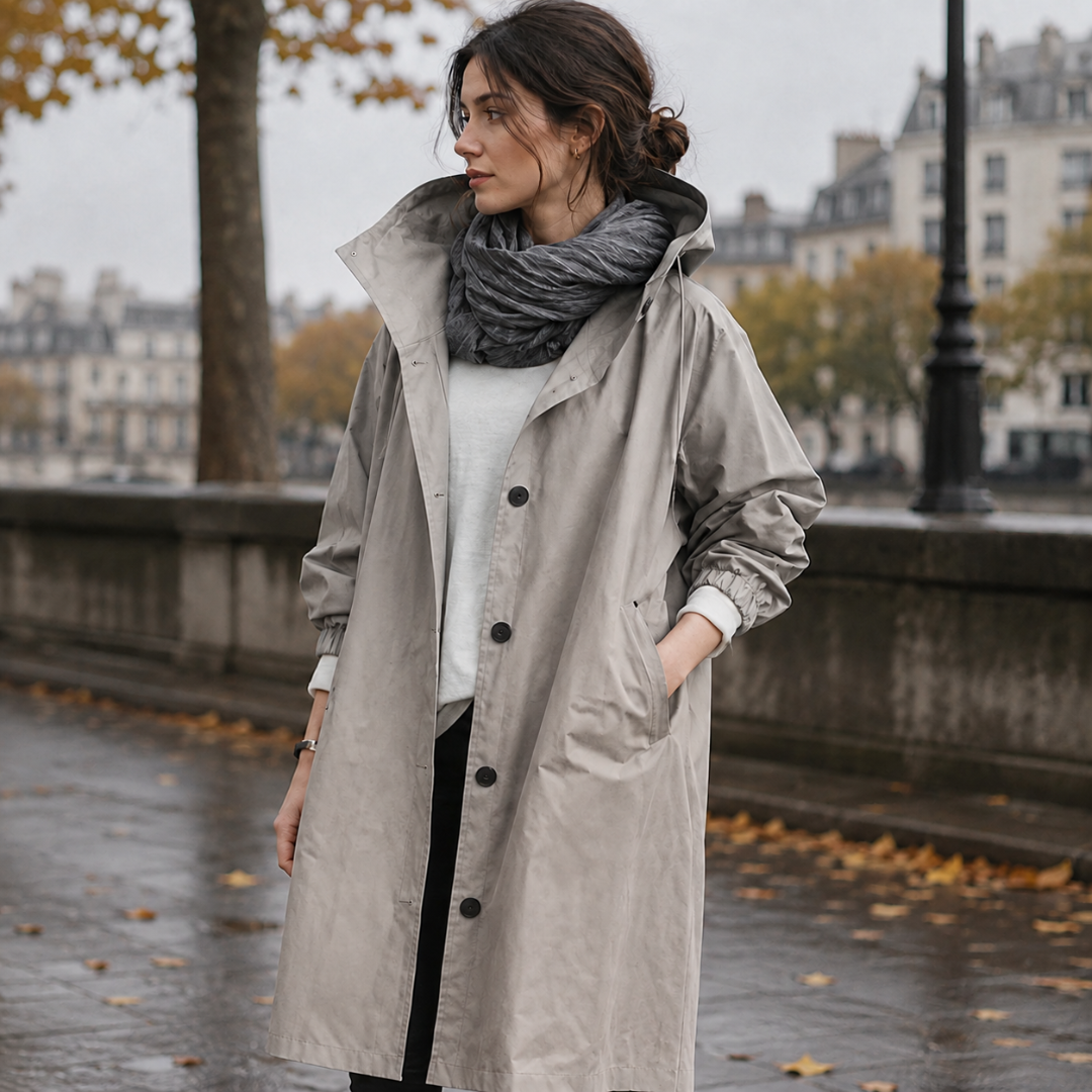 Parka taupe à capuche et col montant, vue rapprochée de face