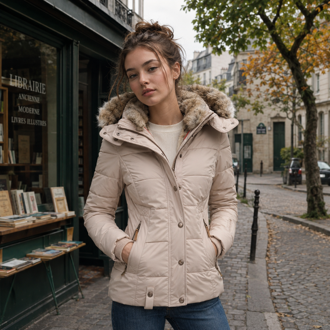 Parka femme kaki clair matelassée, capuche à bordure duveteuse et boutons-pression