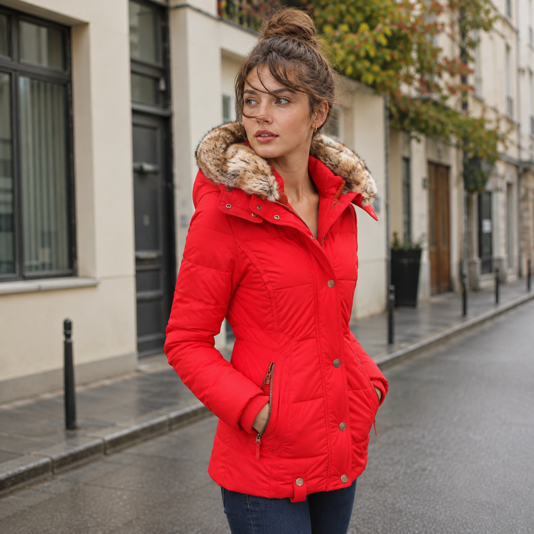 Parka rouge femme portée ouverte, col montant et poches latérales zippées