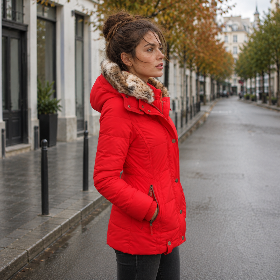 Vue de profil de la parka rouge matelassée avec zip de poche et capuche