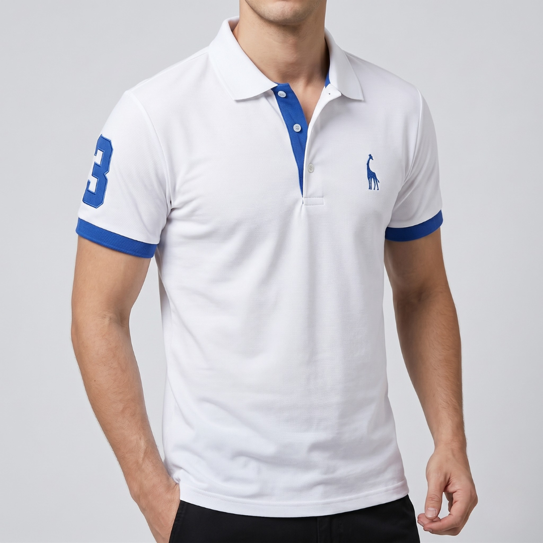 Polo homme blanc avec finitions contrastées, vue de face