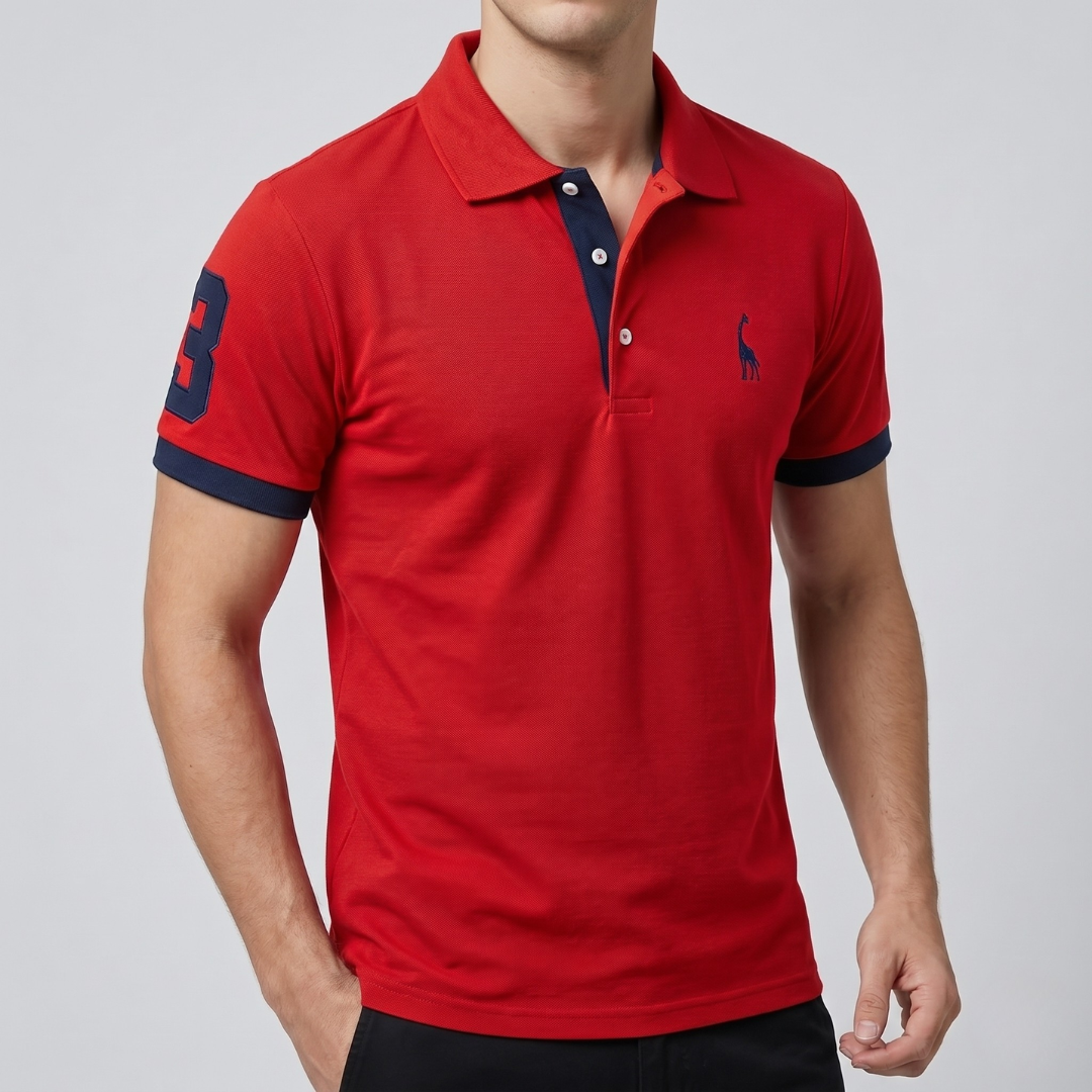 Polo homme rouge avec col et manchettes contrastés, vue de face