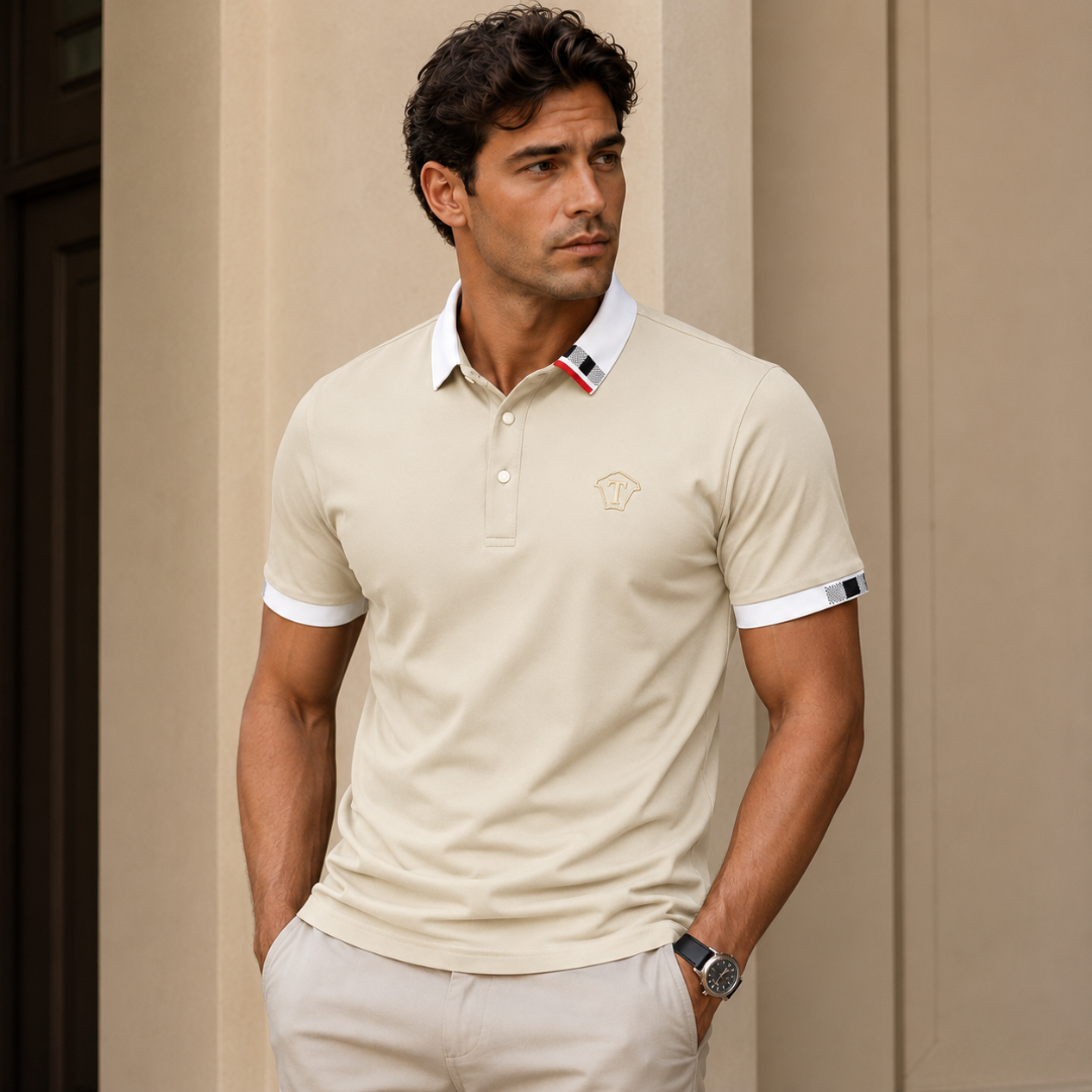 Polo homme kaki col blanc contrasté logo brodé, vue de face