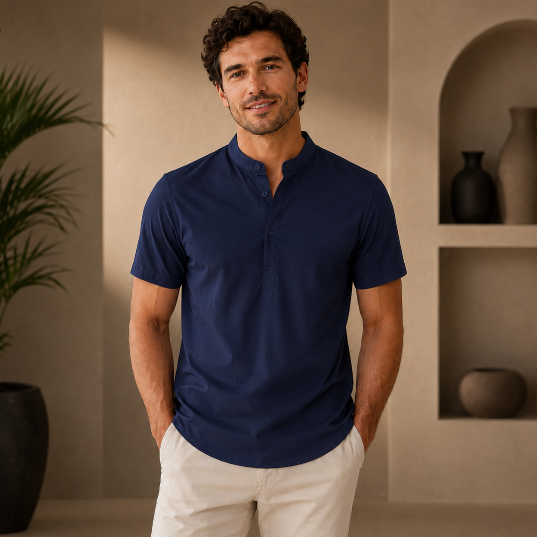 Polo homme bleu marine à col mao, style décontracté et élégant