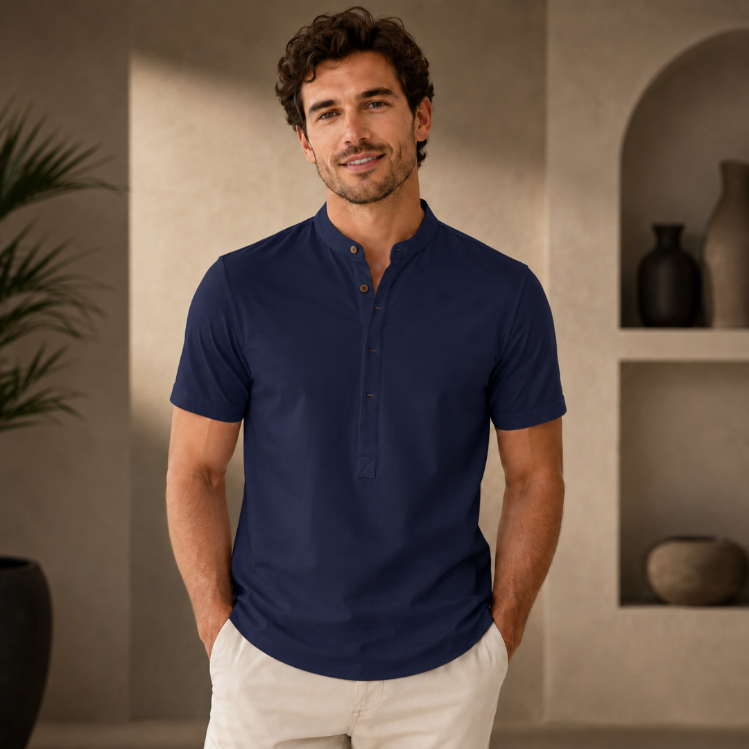 Polo homme col mao manches courtes coloris bleu marine