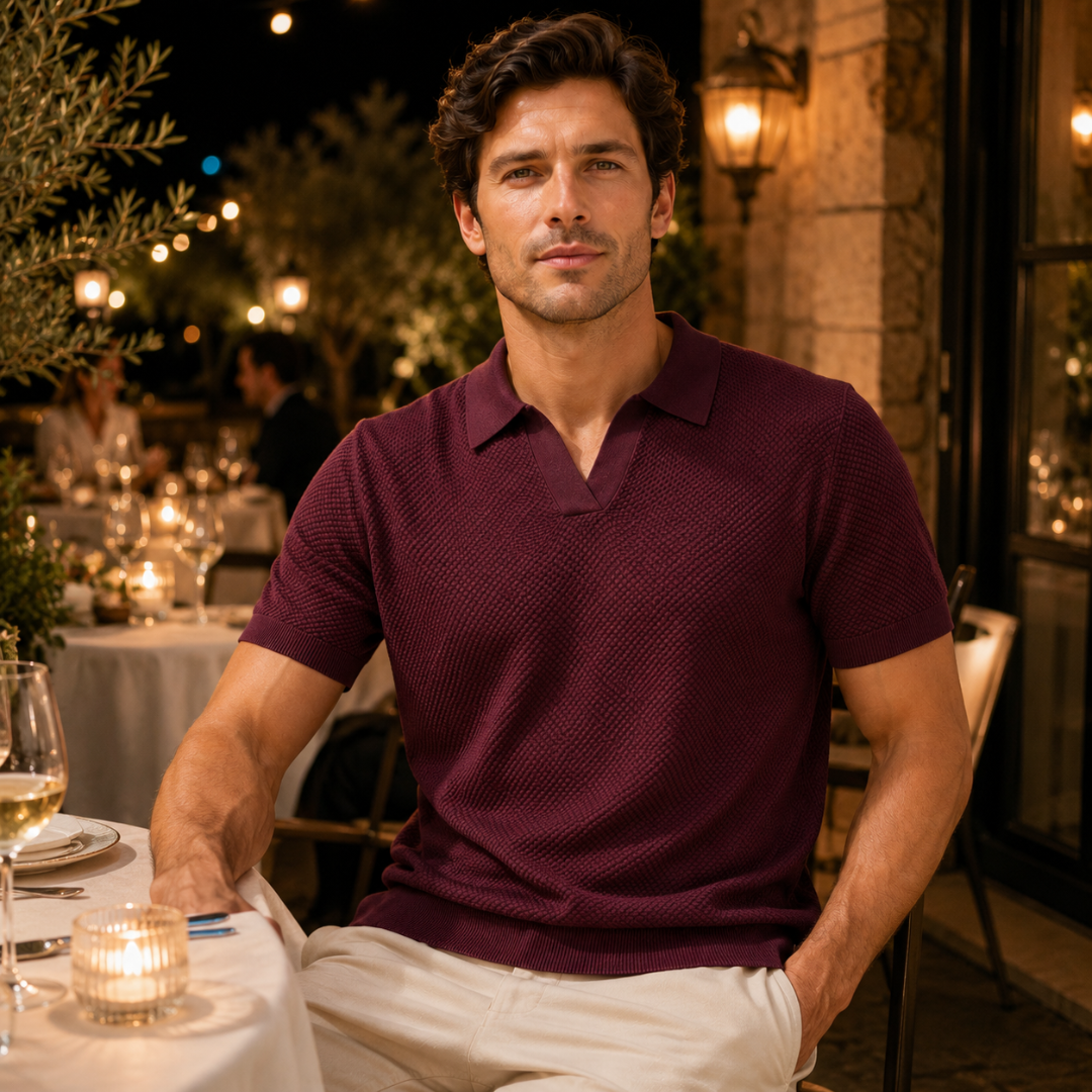 Polo homme col ouvert bordeaux, détail col et texture