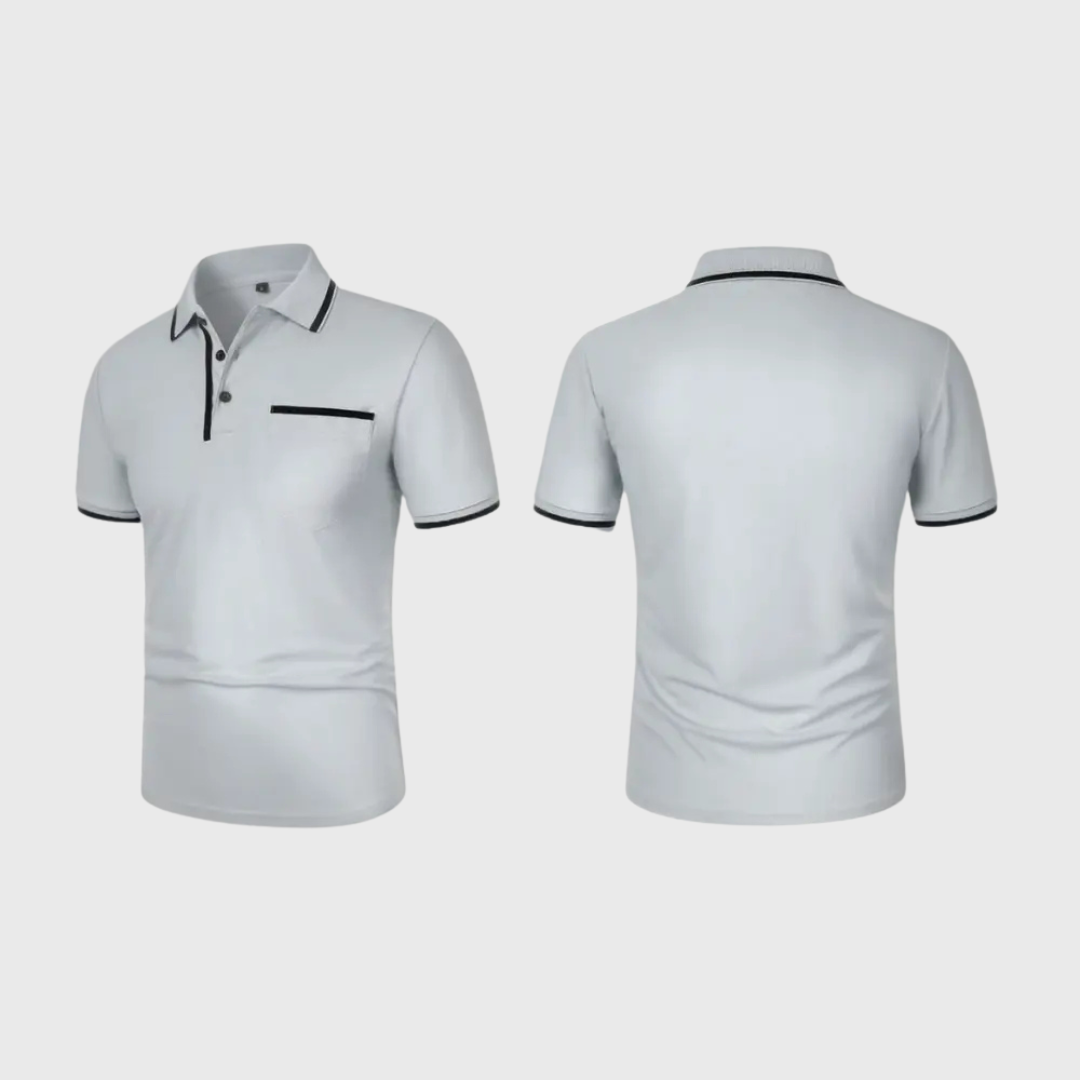 Polo homme blanc vue de dos, bandes contrastées aux manches