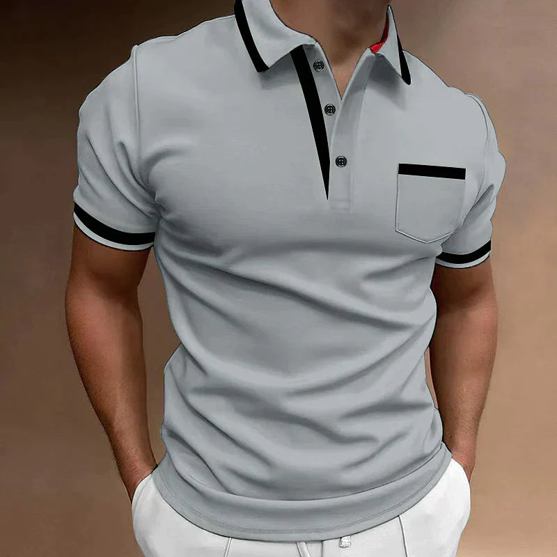 Polo homme gris clair col polo poche poitrine, vue de face