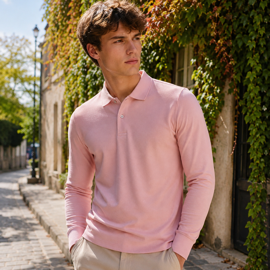 Polo homme rose pâle en maille, patte boutonnée et poignets côtelés