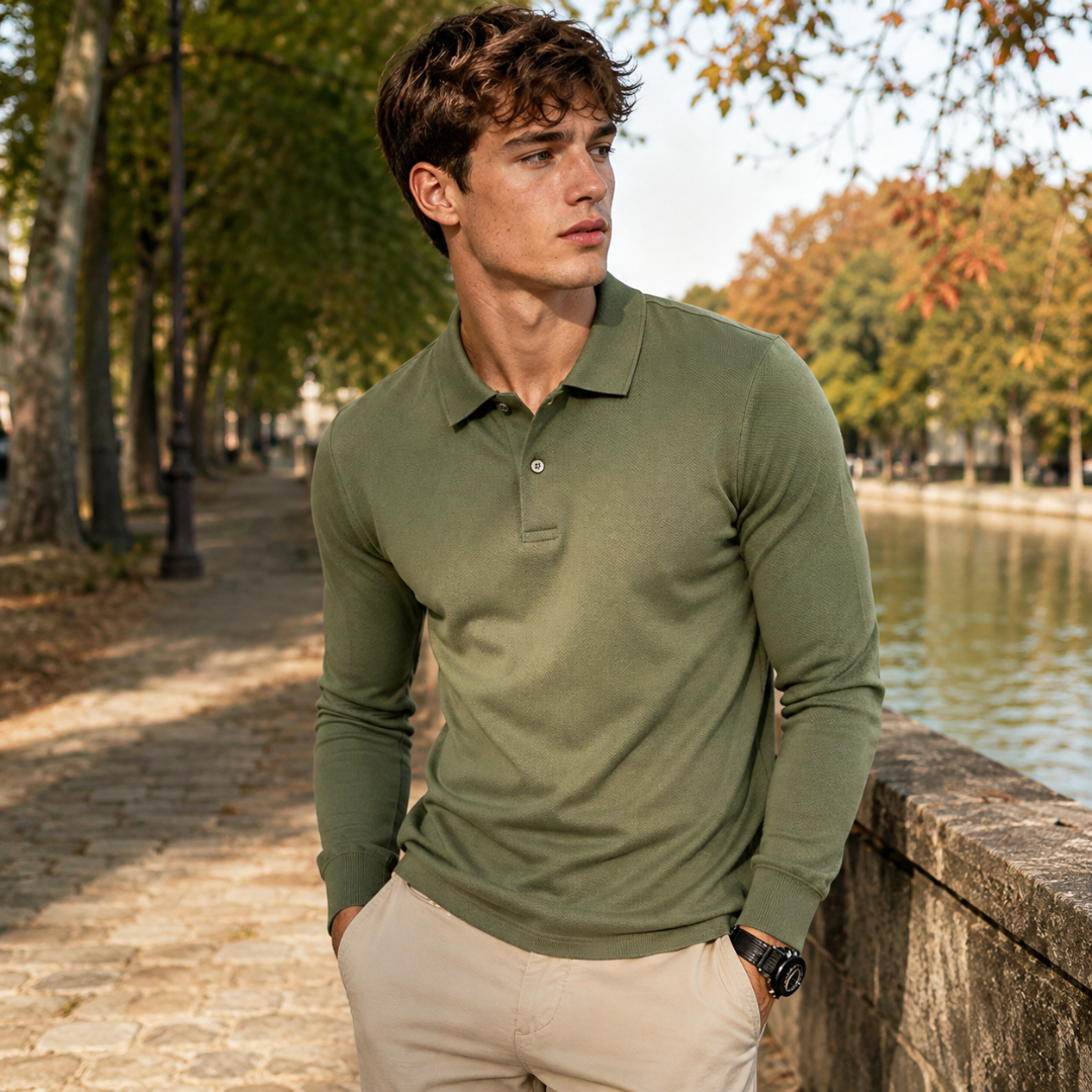 Polo homme vert olive à manches longues et patte à deux boutons, vue de face