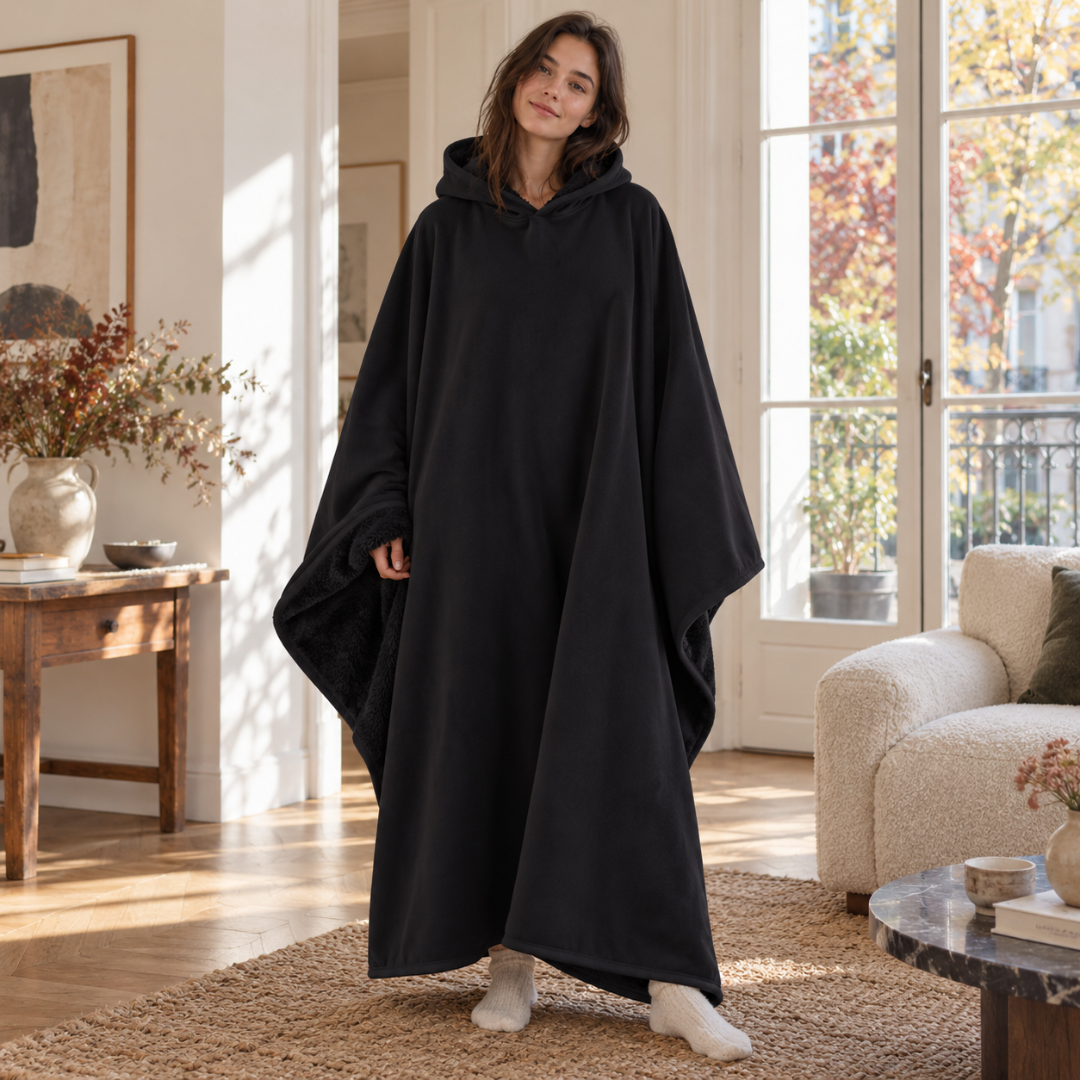 Poncho noir à capuche, coupe longue et intérieur texturé visible aux bords
