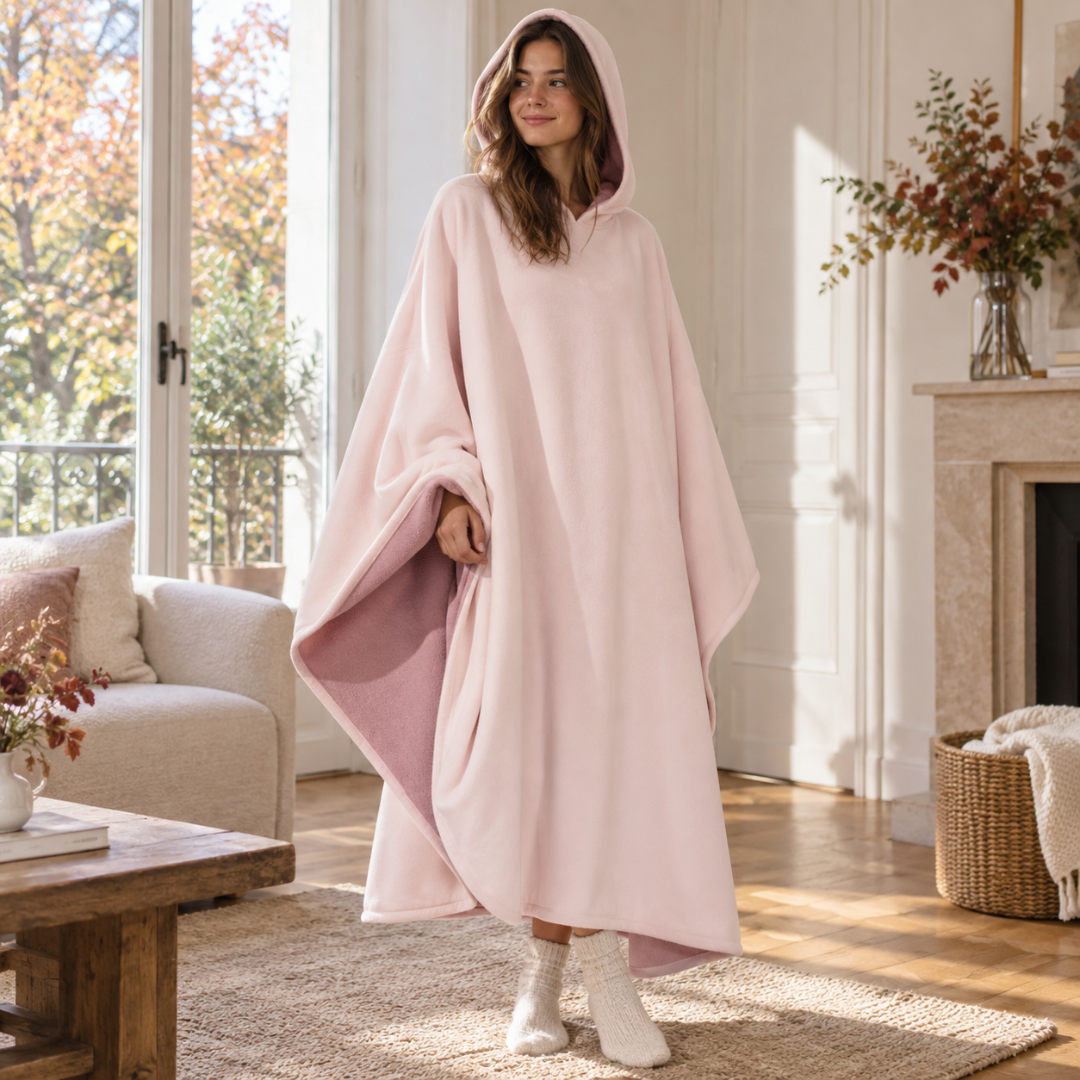 Poncho rose à capuche relevée, doublure contrastante visible sur le côté