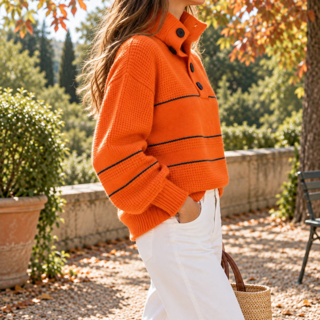 Vue de profil du pull orange en maille texturée avec poignets côtelés et rayures fines