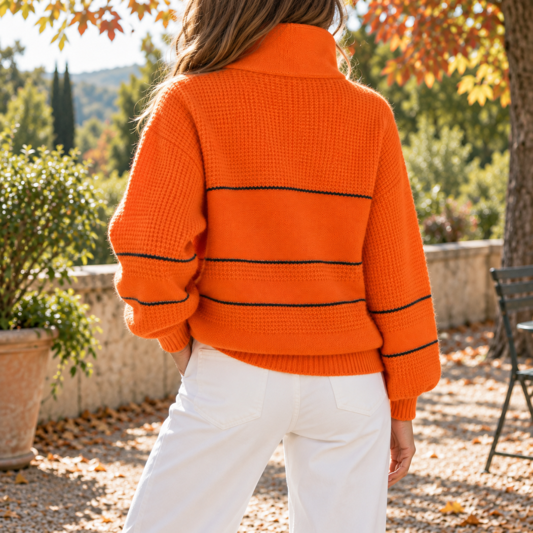 Dos du pull femme orange à rayures fines et bordure inférieure côtelée
