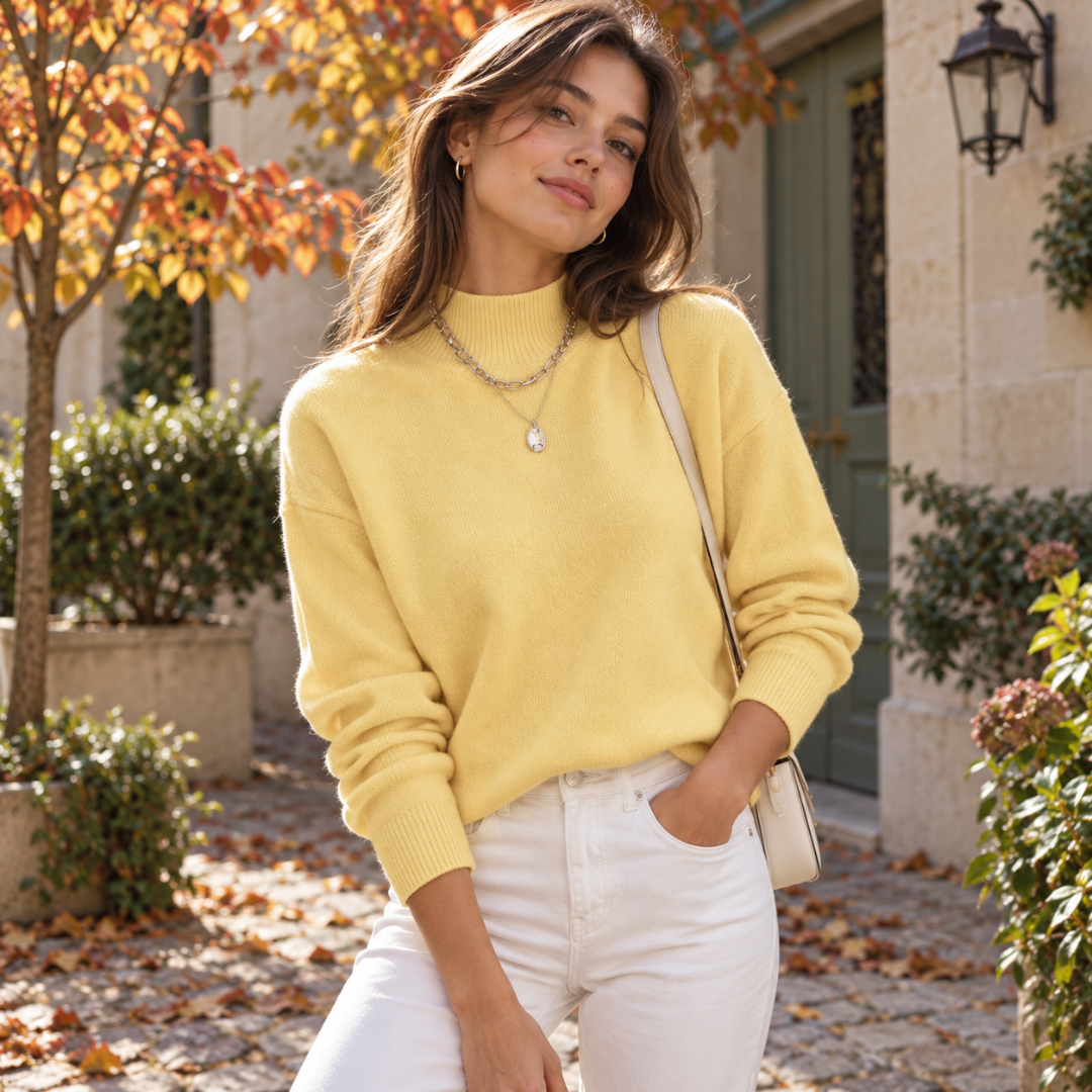 Pull femme jaune à col montant, épaules tombantes et maille unie