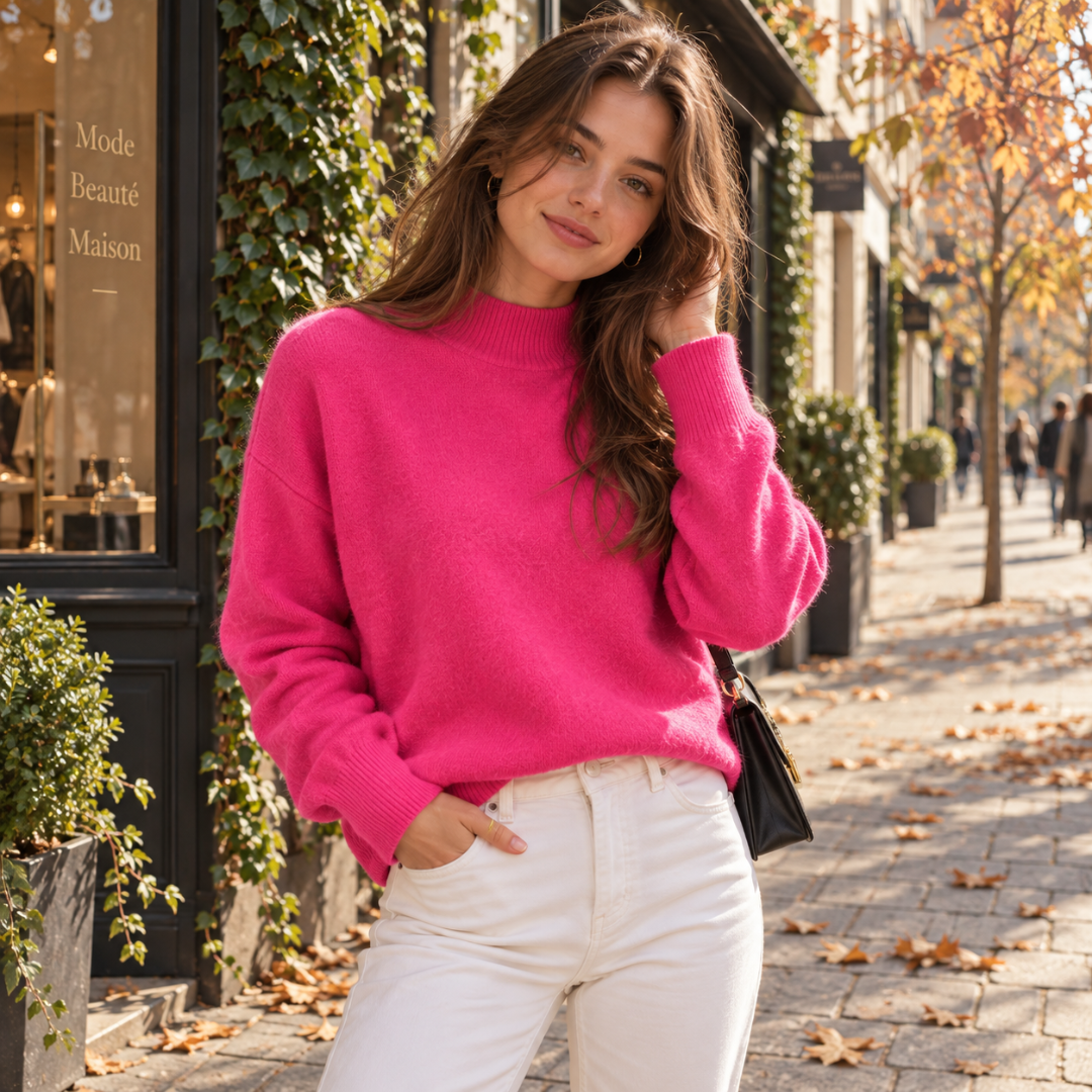 Pull femme rose vif à col montant, porté avec un pantalon blanc en ville