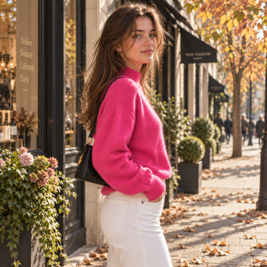 Pull femme rose vif de côté, col montant côtelé et manches longues