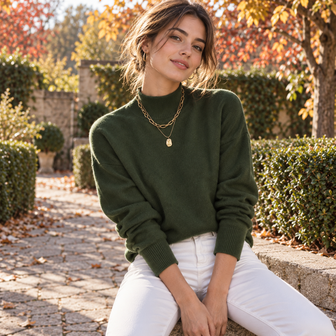 Pull femme vert armée à col montant et poignets côtelés, dans un jardin d'automne