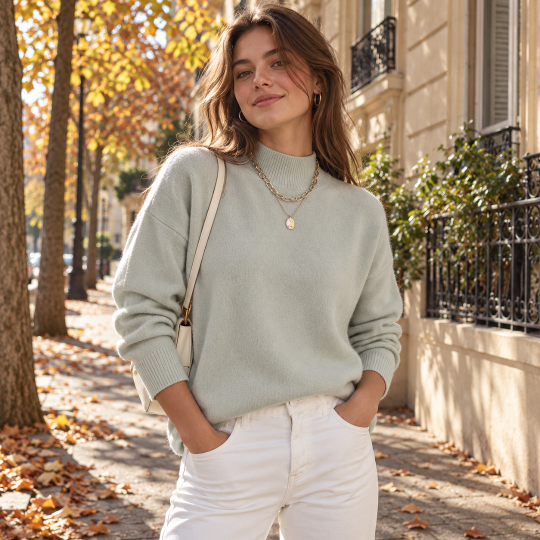 Pull femme vert clair à col montant et bas côtelé, rue ensoleillée