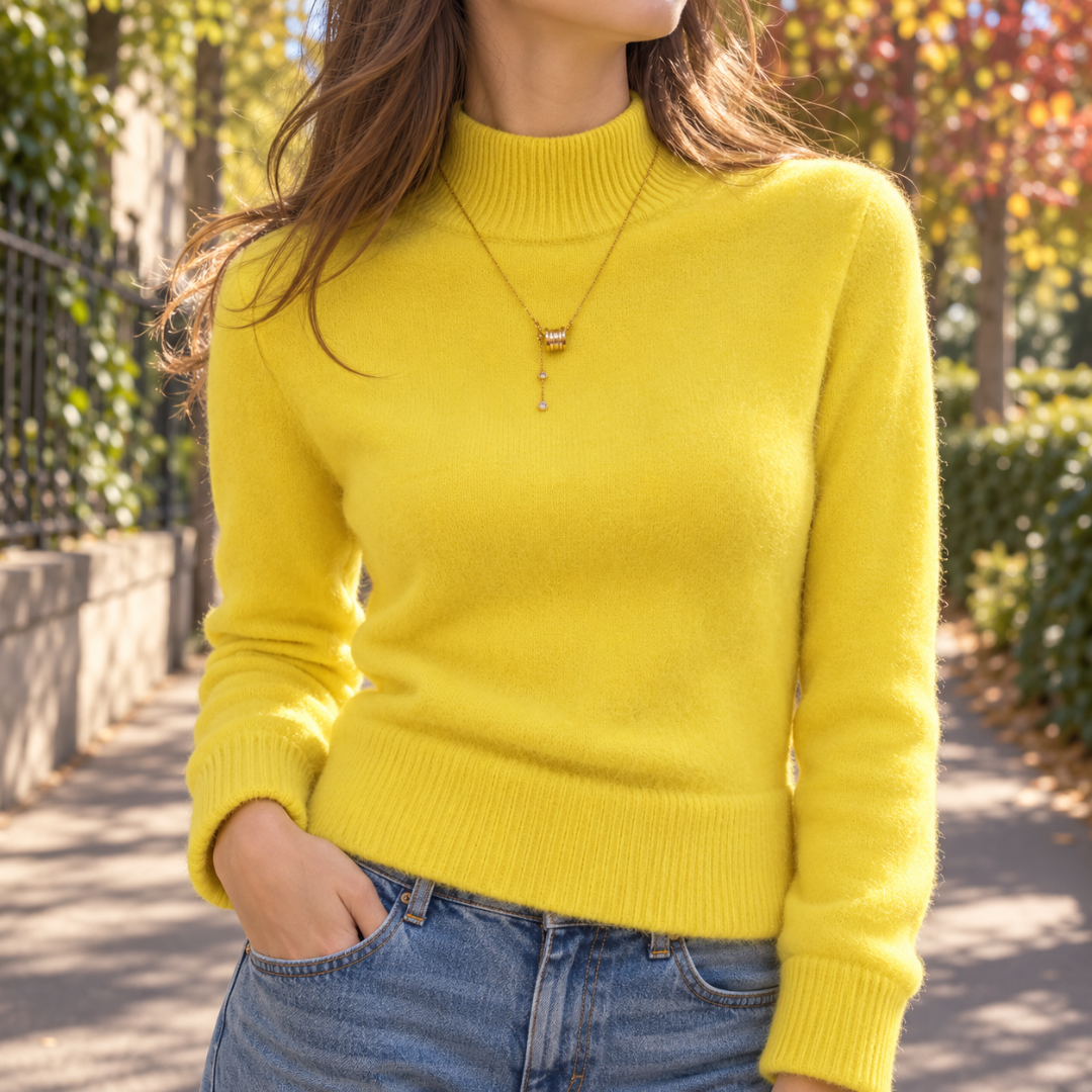 Pull jaune à col montant côtelé et manches longues sur un pantalon bleu
