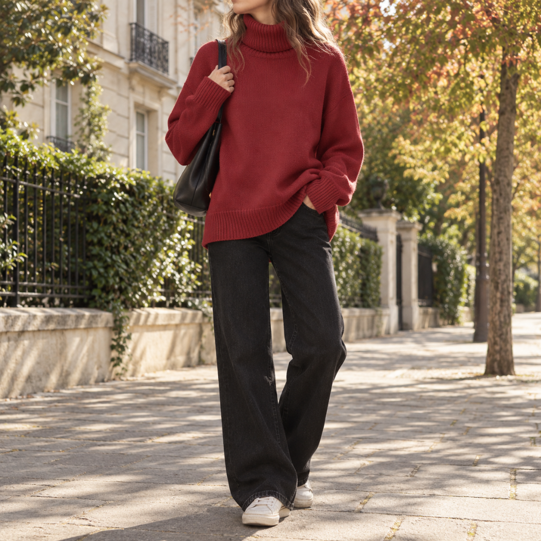 Pull femme rouge à col roulé porté avec un pantalon large noir