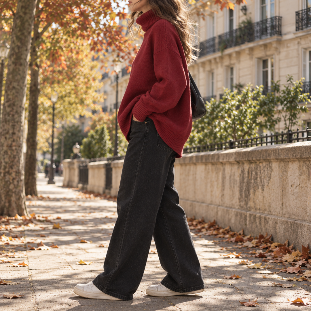 Vue de profil du pull rouge à col roulé et bas côtelé