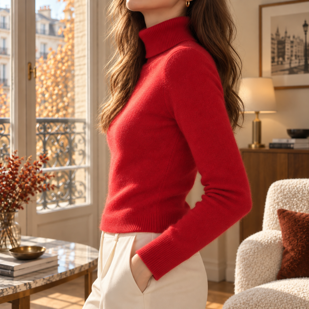 Profil du pull femme rouge montrant le bord côtelé en bas